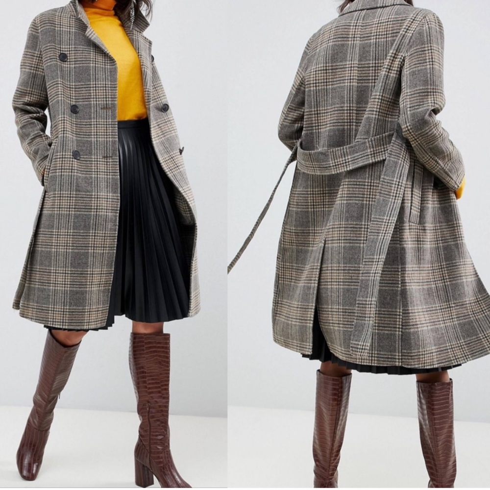 MANGO Wool Coat Gray & Tan Checkered Plaid Double Breasted Belted Trench Coat M